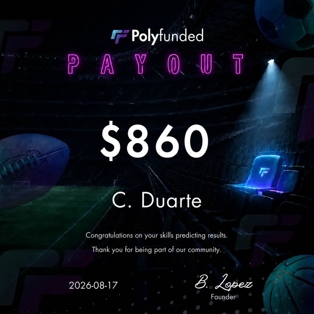 Polyfunded Reward certificate for C. Duarte, $860, dated August 17, 2026