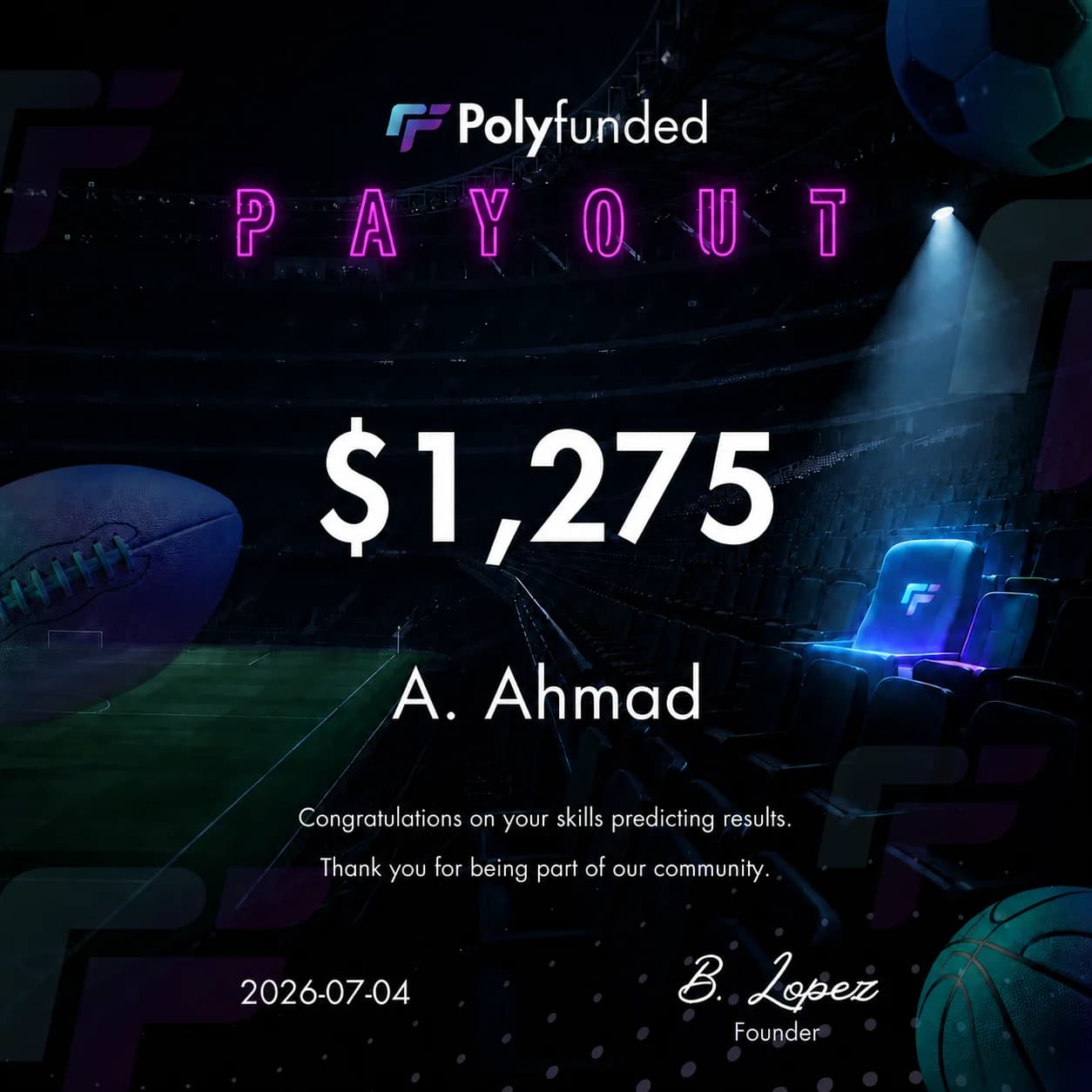 Polyfunded Reward certificate for A. Ahmad, $1,275, dated July 4, 2026