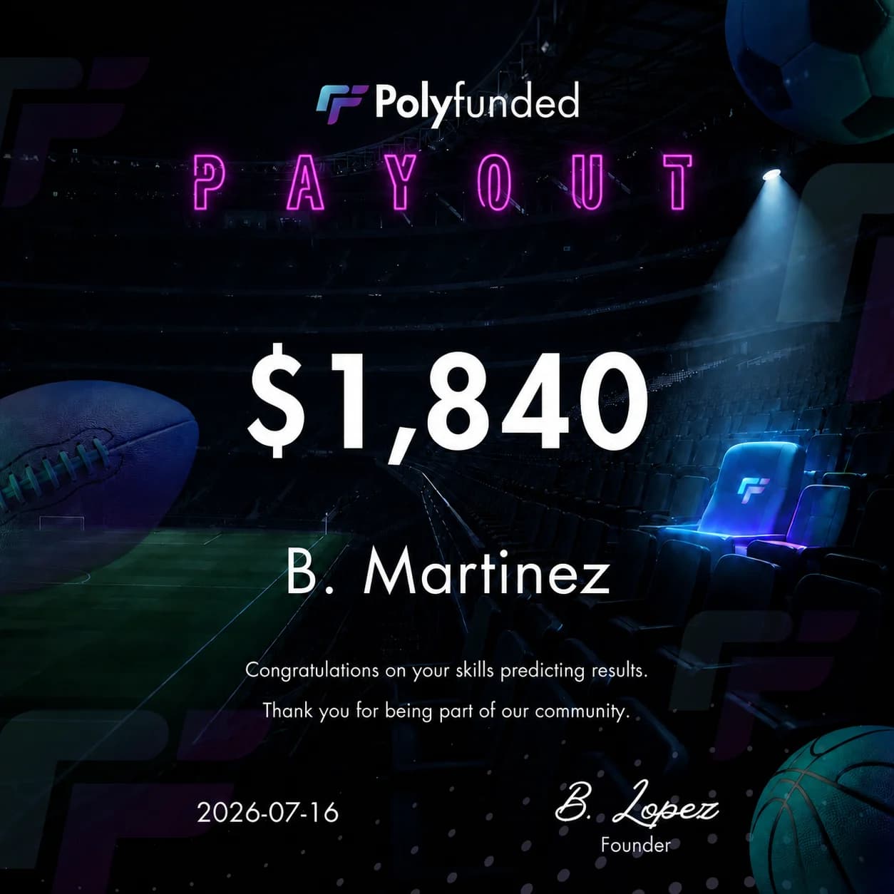 Polyfunded Reward certificate for B. Martinez, $1,840, dated July 16, 2026