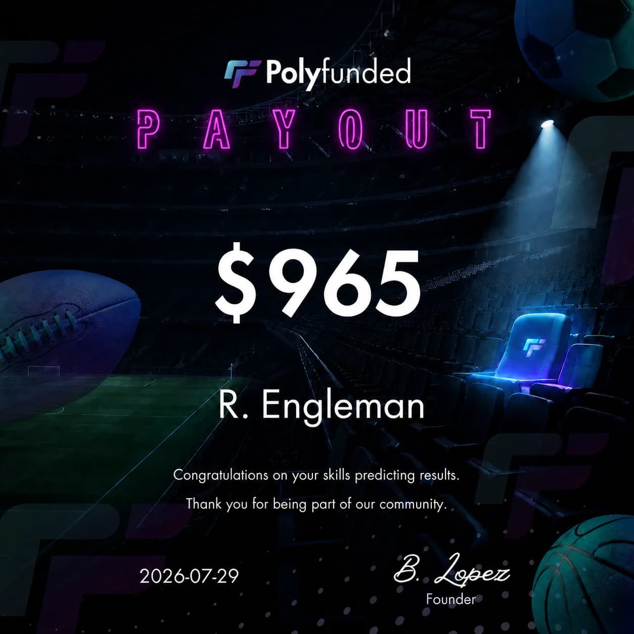Polyfunded Reward certificate for R. Engleman, $965, dated July 29, 2026