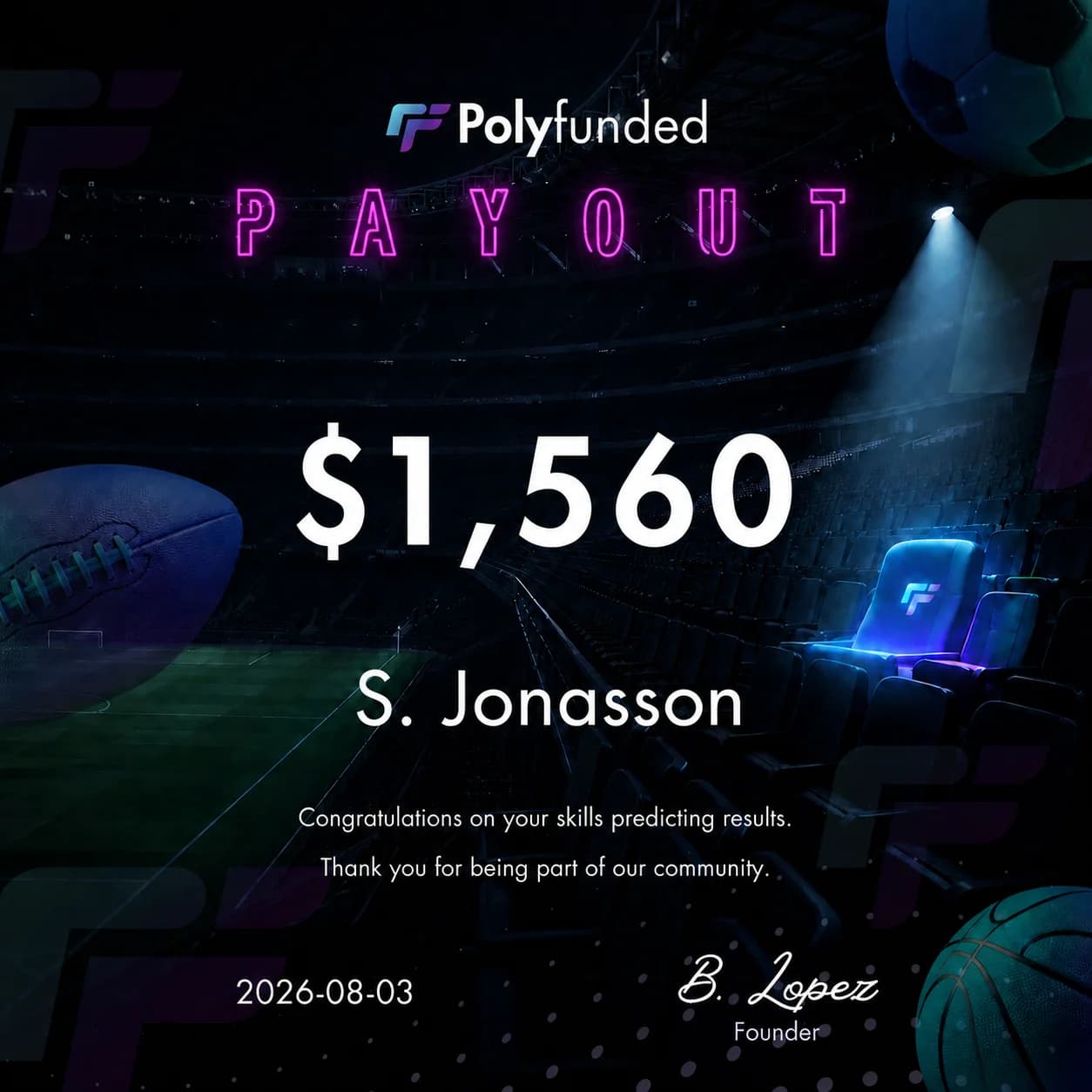 Polyfunded Reward certificate for S. Jonasson, $1,560, dated August 3, 2026