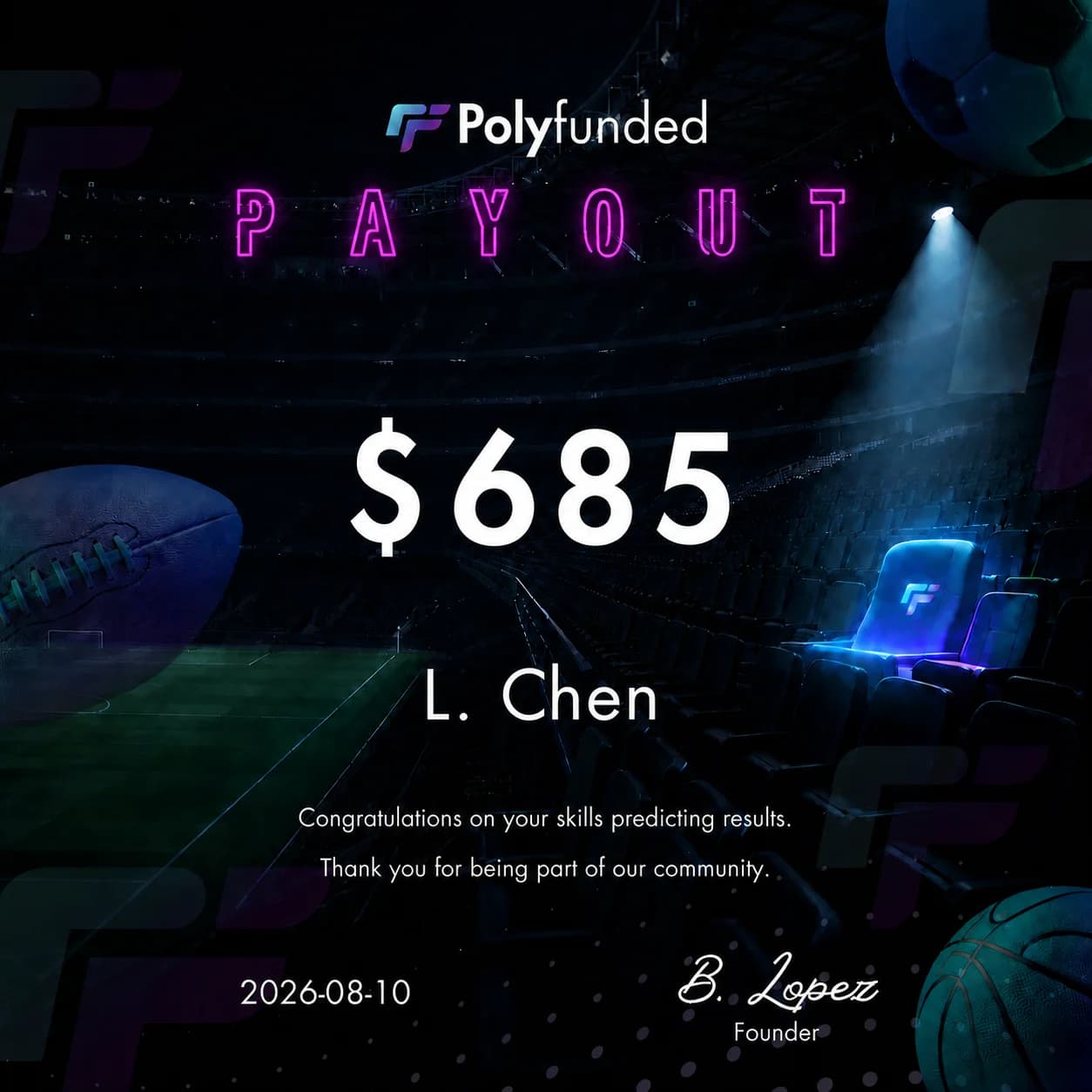 Polyfunded Reward certificate for L. Chen, $685, dated August 10, 2026