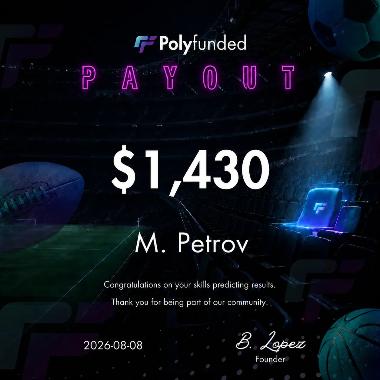 Polyfunded Reward certificate for M. Petrov, $1,430, dated August 8, 2026
