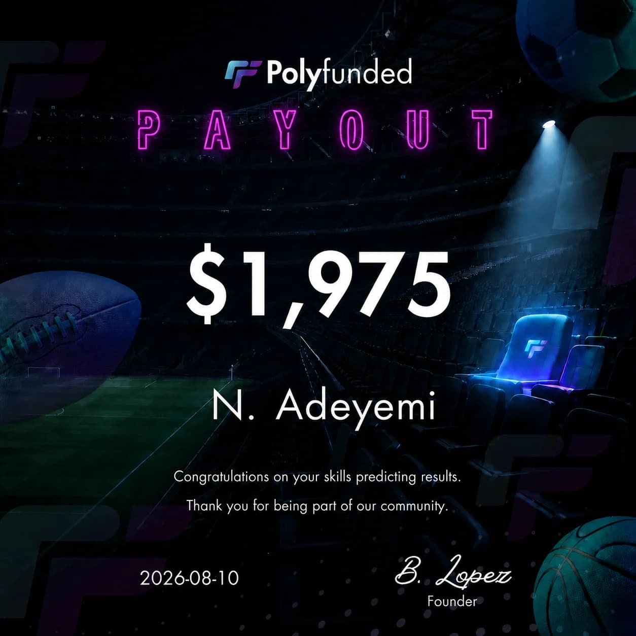 Polyfunded Reward certificate for N. Adeyemi, $1,975, dated August 10, 2026
