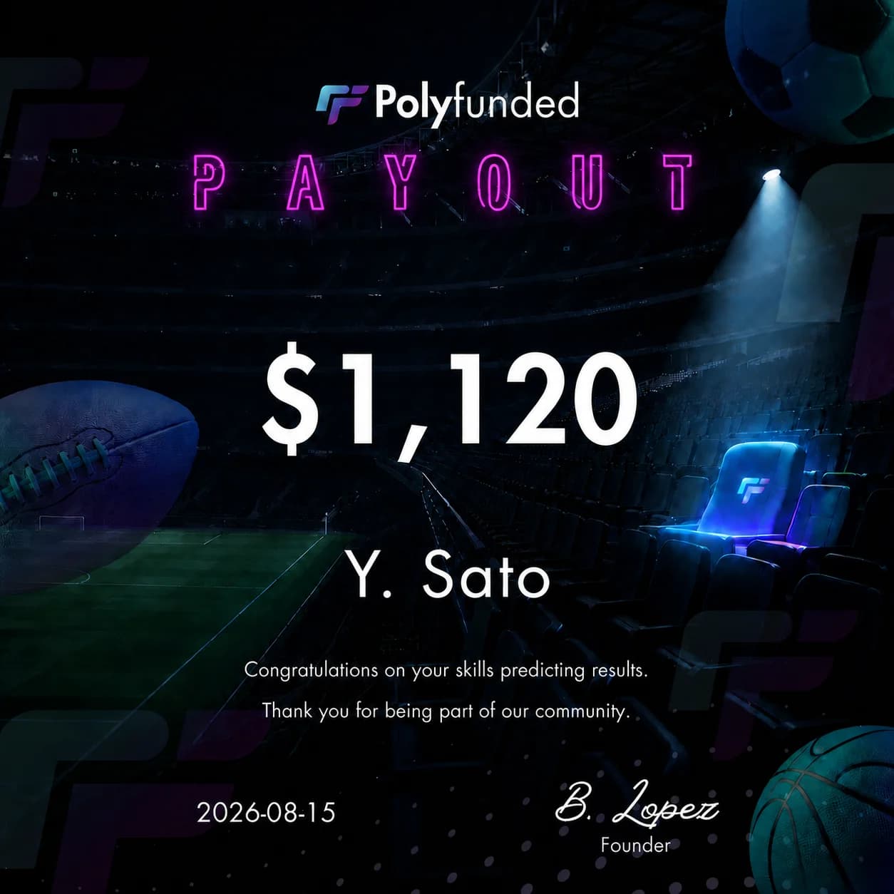Polyfunded Reward certificate for Y. Sato, $1,120, dated August 15, 2026
