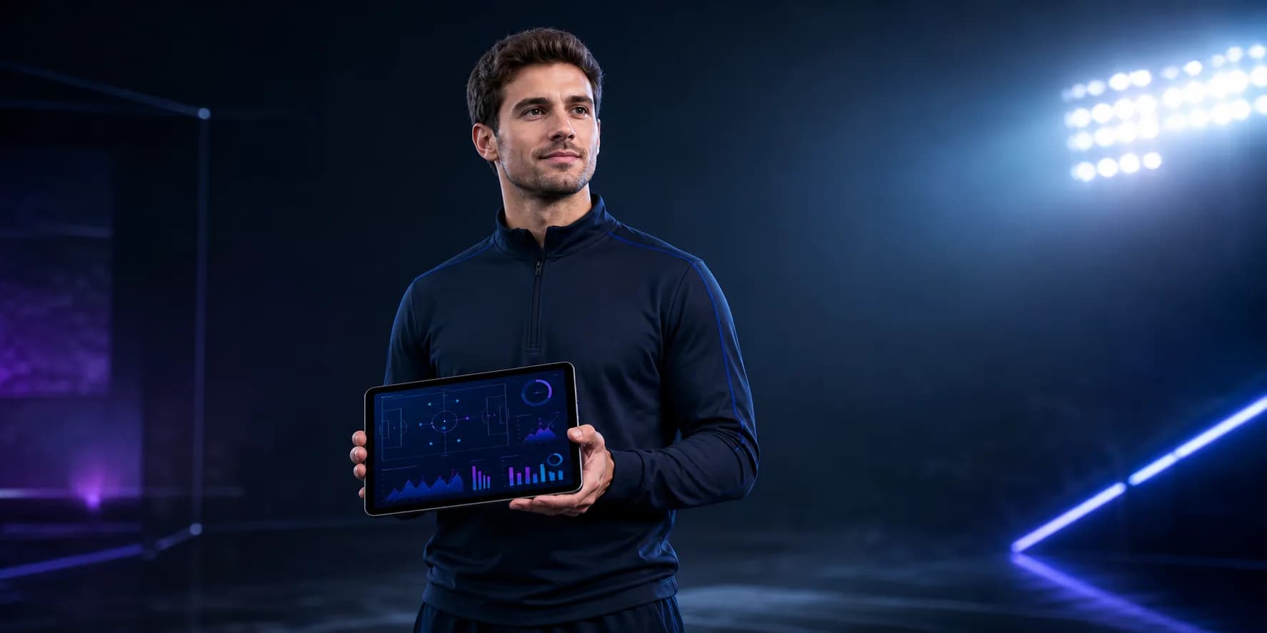 A sports performance analyst holding a match analysis tablet under stadium lights
