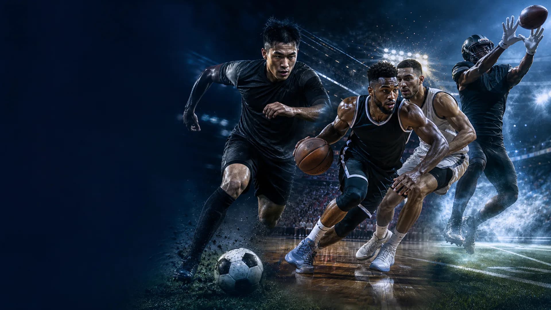 Soccer, basketball, and American football athletes in competition