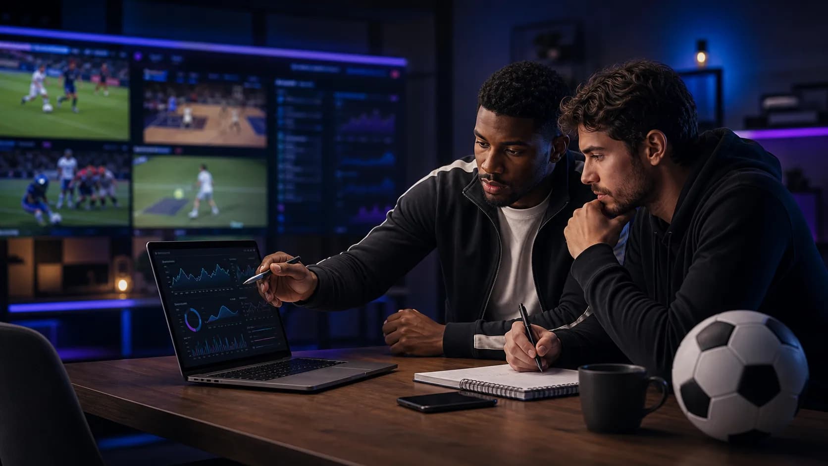 Sports analysts reviewing the Polyfunded sports prop firm challenge model