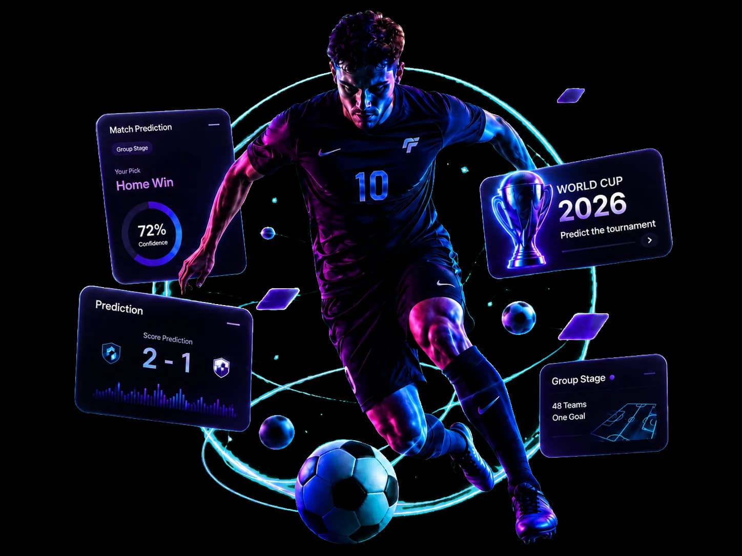 Soccer player surrounded by prediction dashboard cards and a glowing tournament visual